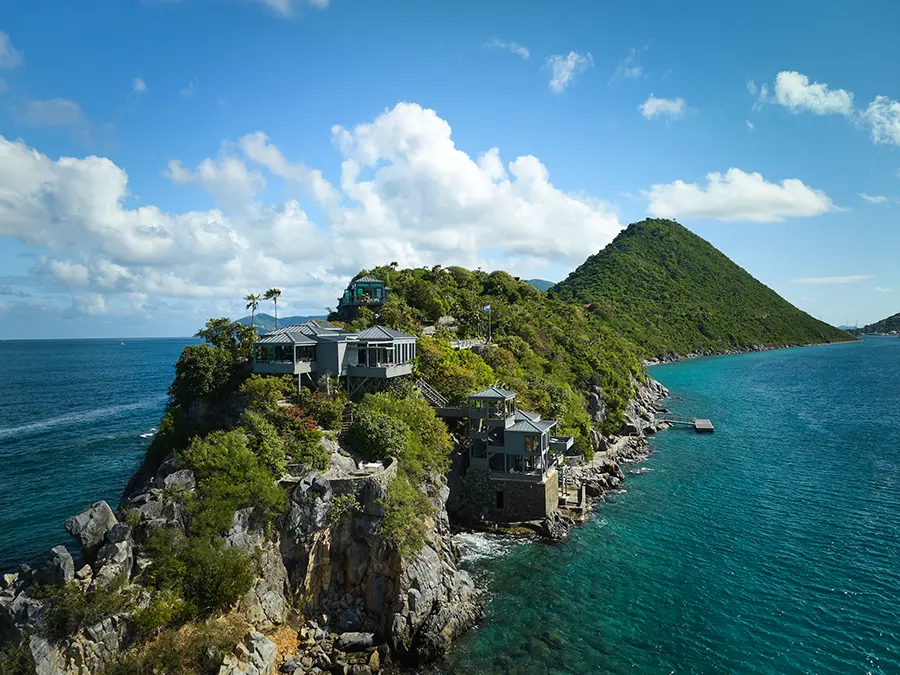 Open-air veranda set for a corporate offsite overlooking the Caribbean, Steele Point Estate